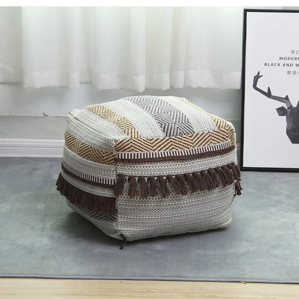 Pouf/ Ottoman Brown And Cream With Fringe